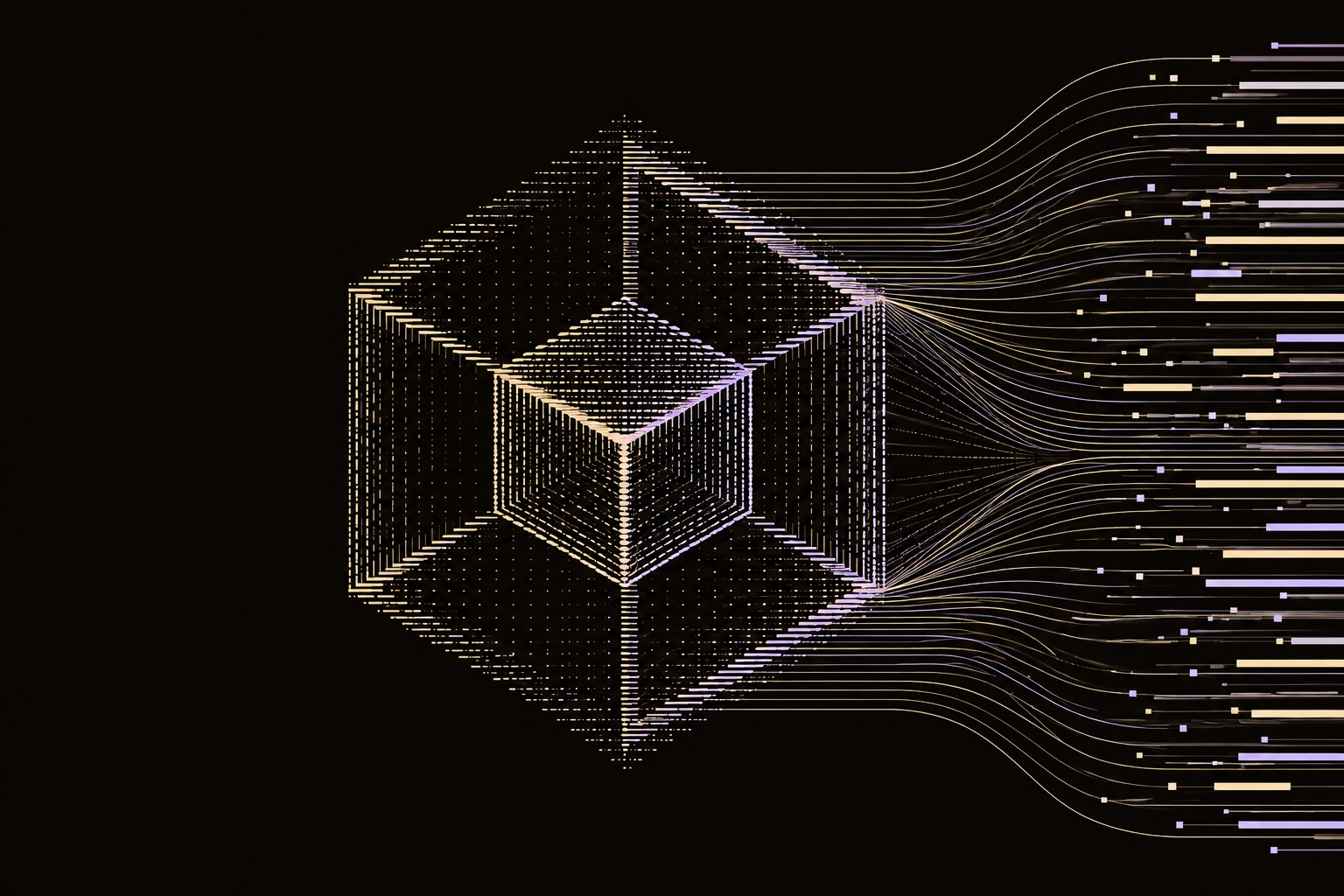 Champagne and lilac data traces form a nested tesseract, representing independent rental markets converging into a reference index.